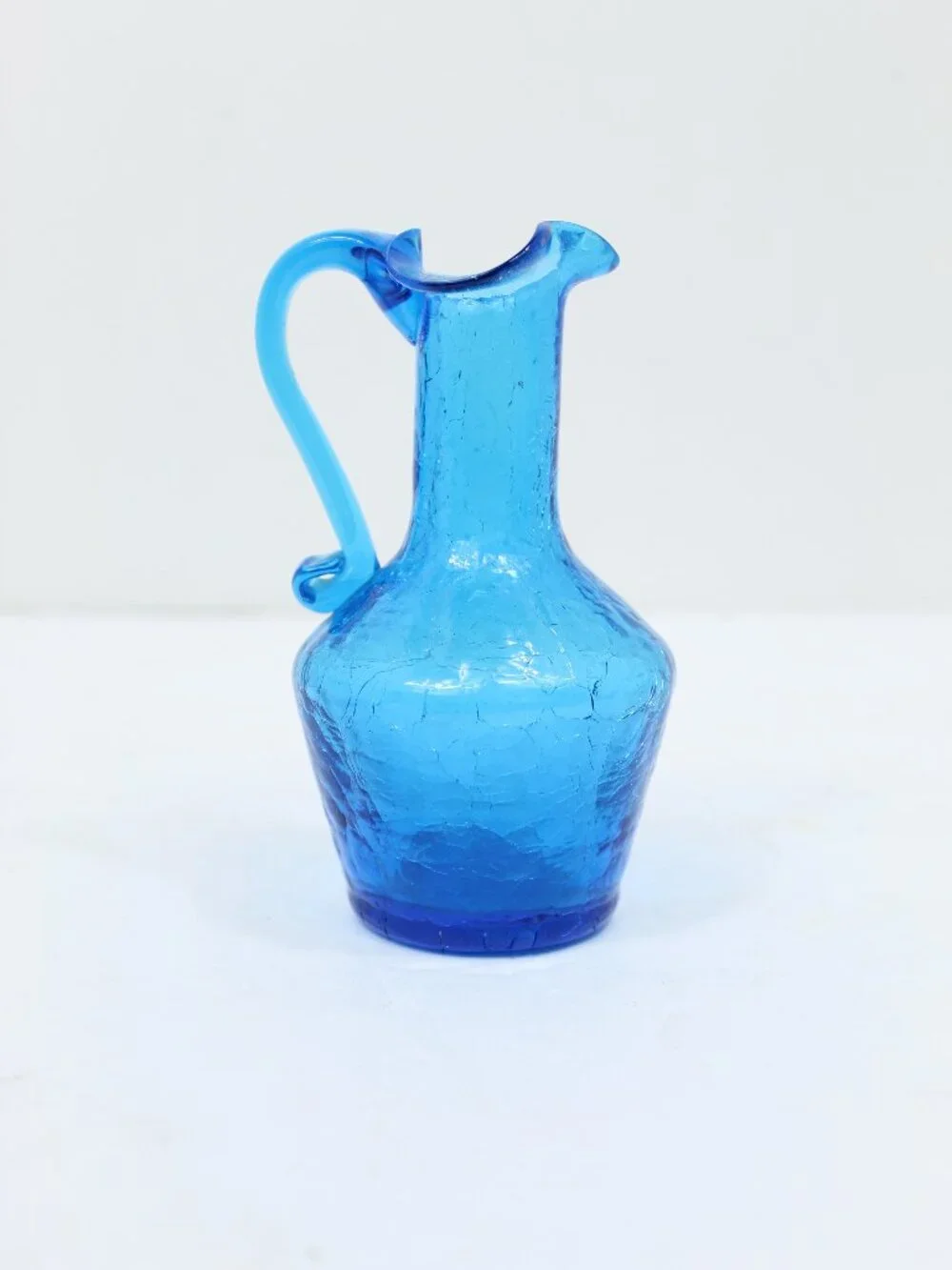 MCM ART GLASS HAND BLOWN AZURE BLUE CRACKLE GLASS CRUET BOTTLE VASE 5